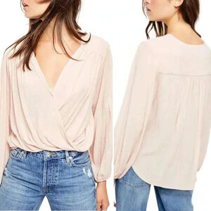 Free People Tunic Blouse Rose Pink Sheer Long Sleeve Wrap NWT Size XS V Neck